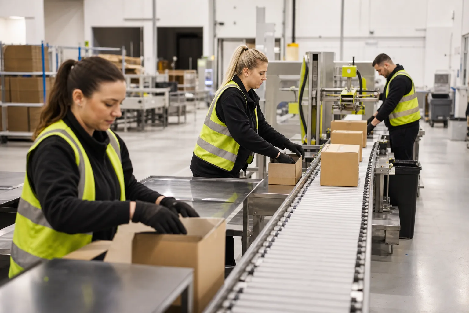 People in high-visibility clothing handling cardboard cartons beside a conveyor.