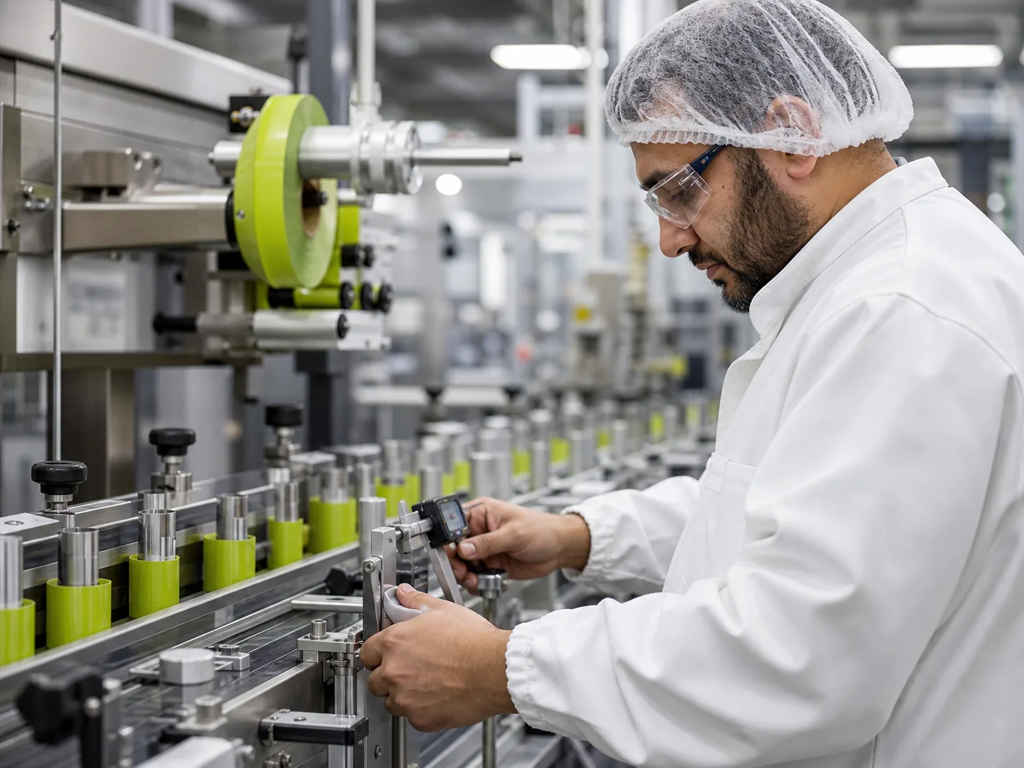 Person in a white coat, hair net and safety glasses holding a measuring tool beside machinery.